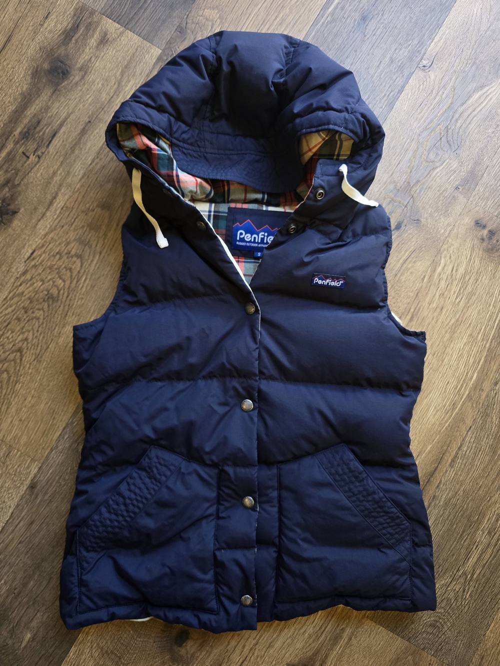 Penfield Navy Quilted Hooded Puffer Vest with Plaid Lining